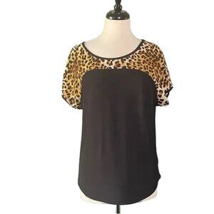 Elegant Black Blouse with Leopard Print Sleeves